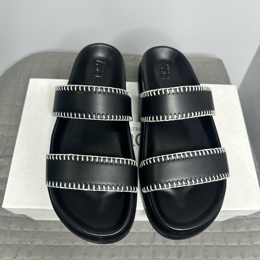 Black Slide Sandals with White Stitching
